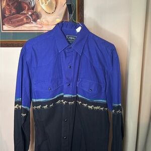 Blue and Black Western Shirt with Horse Design